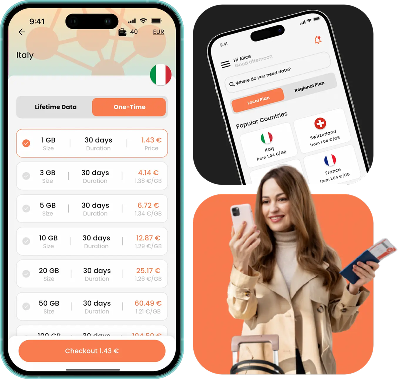BNESIM app showing data plans with happy traveler